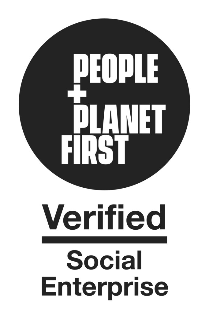 Black and white 'People + Planet First' Verification logo